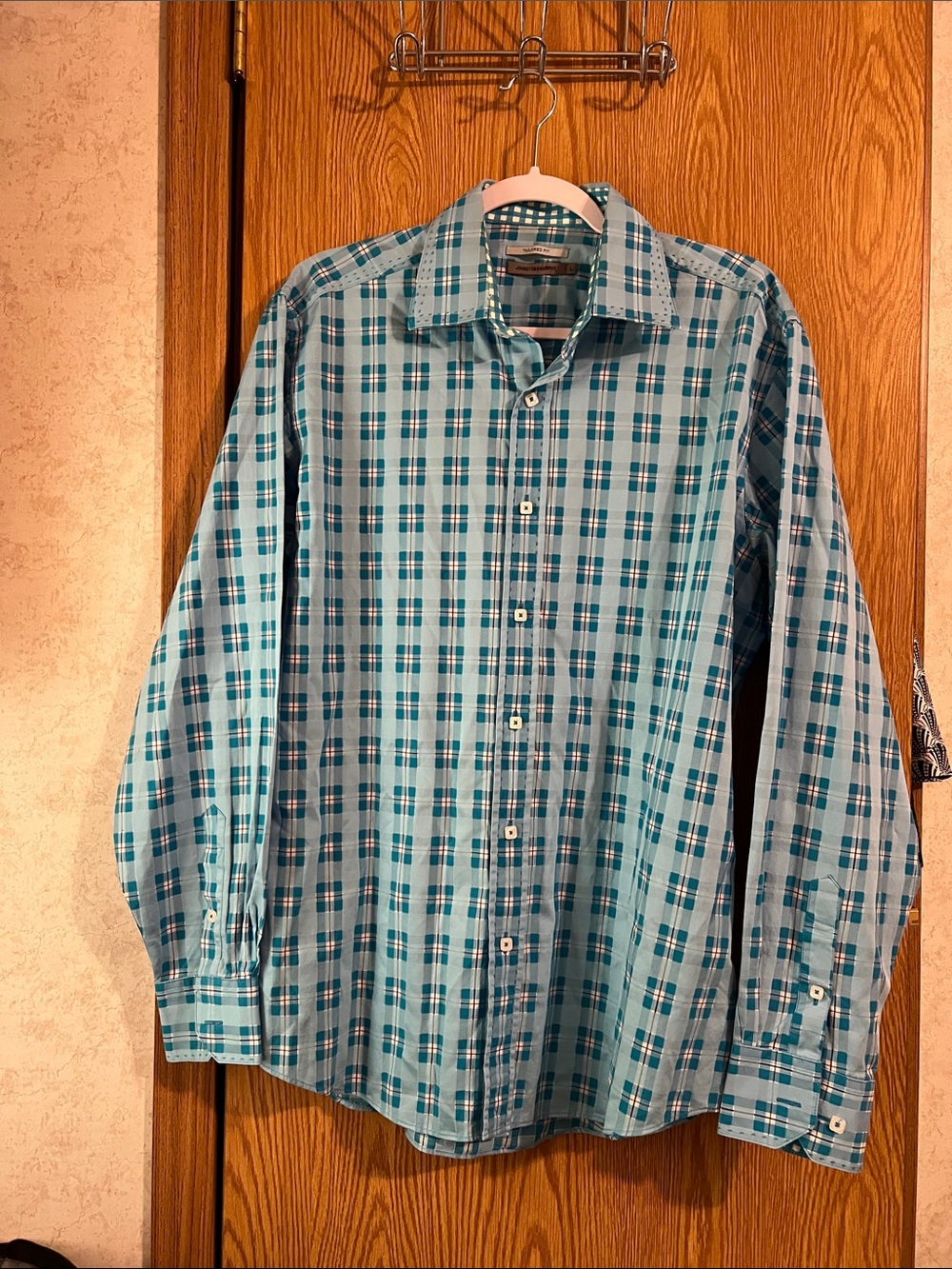 Johnston & Murphy Teal Plaid Long-Sleeve Button-Down Shirt Sz L